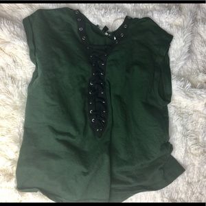 Lace up front green top